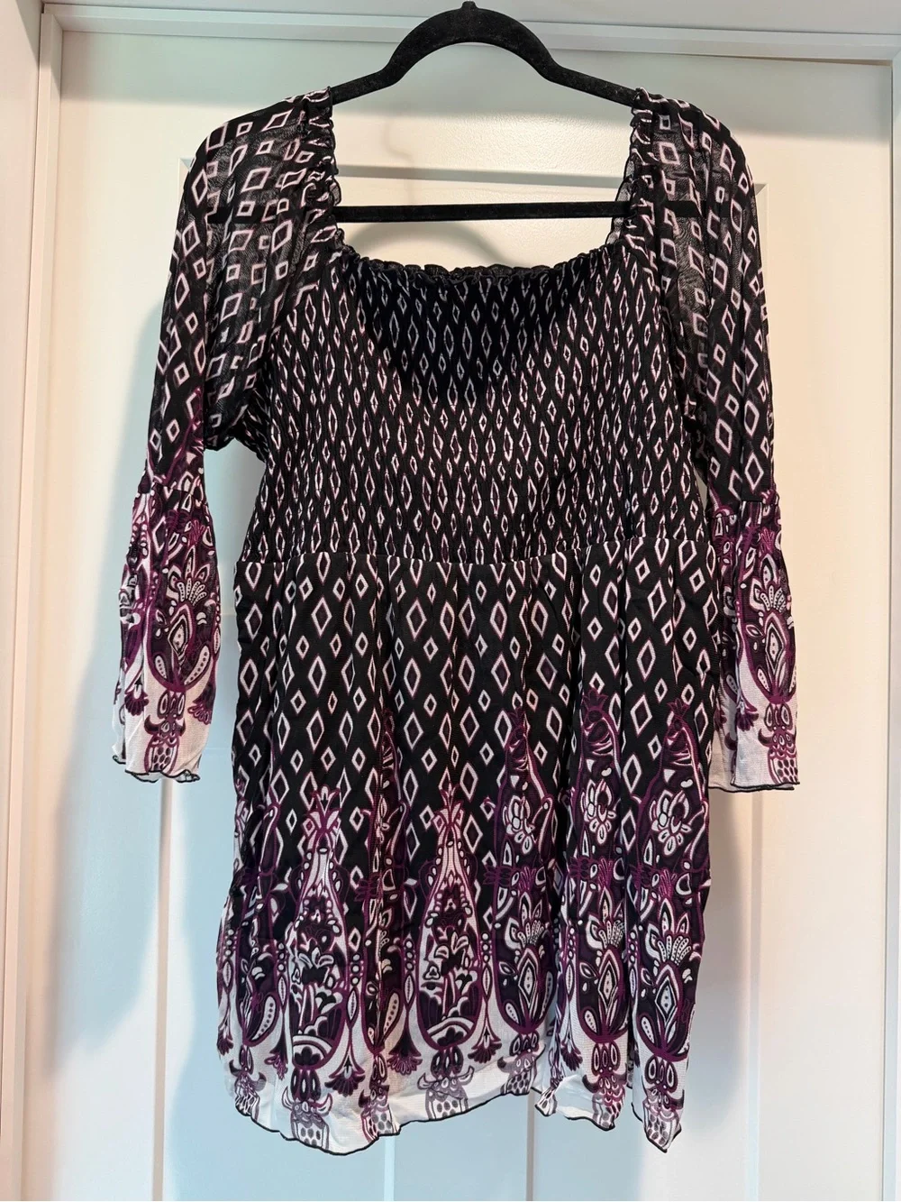 INC International Concepts Black and Purple Smocked Nylon Top - L